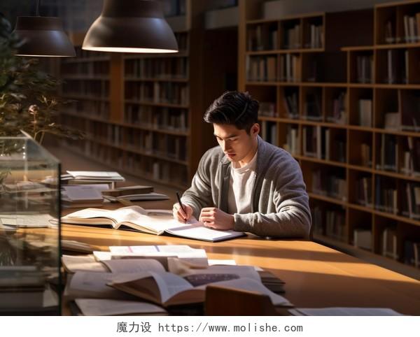 一个中国男学生在图书馆学习开学季学校校园学生教育培训学习
